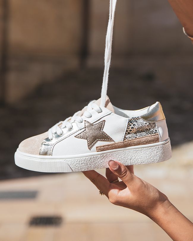 BASKETS FEMME MULTIMATIÈRES DORÉES À ÉTOILE GLITTER - Casualmode.fr