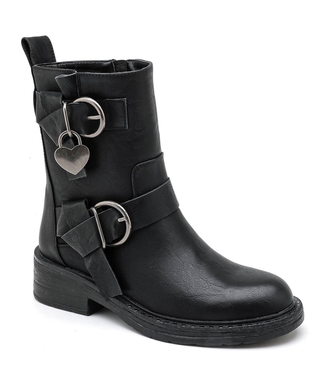 BOTTINES NOIRES BIKER – DÉTAILS CŒUR MÉTALLIQUE - Casualmode.fr