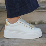 BASKETS FEMME BLANCHES PLATFORM À SEMELLE ÉPAISSE AVEC DÉTAILS DORÉS
