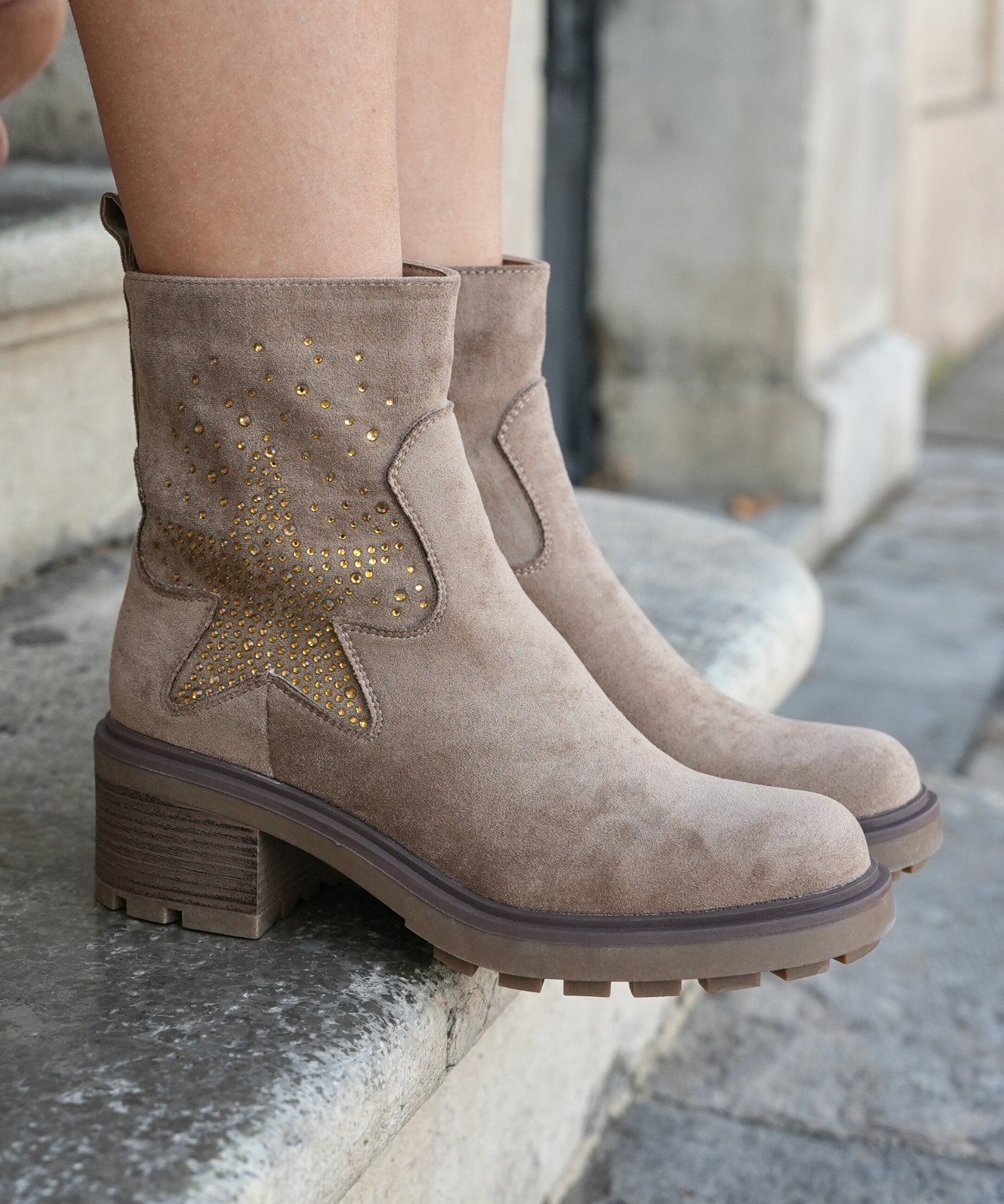 BOTTINES BEIGE ÉTOILE STRASS – TALON 5 CM - Casualmode.fr