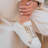 BASKETS FEMME BLANCHES À DÉTAILS DORÉS IMPRIMÉ LÉOPARD - Casualmode.fr