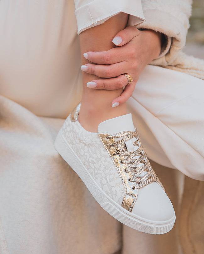 BASKETS FEMME BLANCHES À DÉTAILS DORÉS IMPRIMÉ LÉOPARD - Casualmode.fr