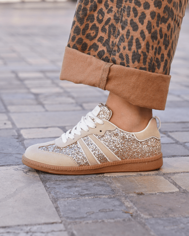 BASKETS FEMME BEIGE A PAILLETTES DORÉS - Casualmode.fr