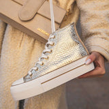 BASKETS MONTANTES FEMME DORÉES EFFET CROCO SEMELLE ÉPAISSE - Casualmode.fr