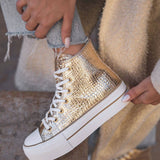 BASKETS MONTANTES FEMME DORÉES EFFET CROCO SEMELLE ÉPAISSE - Casualmode.fr