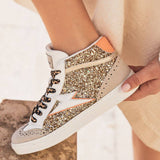 BASKETS MONTANTES FEMME PAILLETÉES OR LACETS LÉOPARD - Casualmode.fr