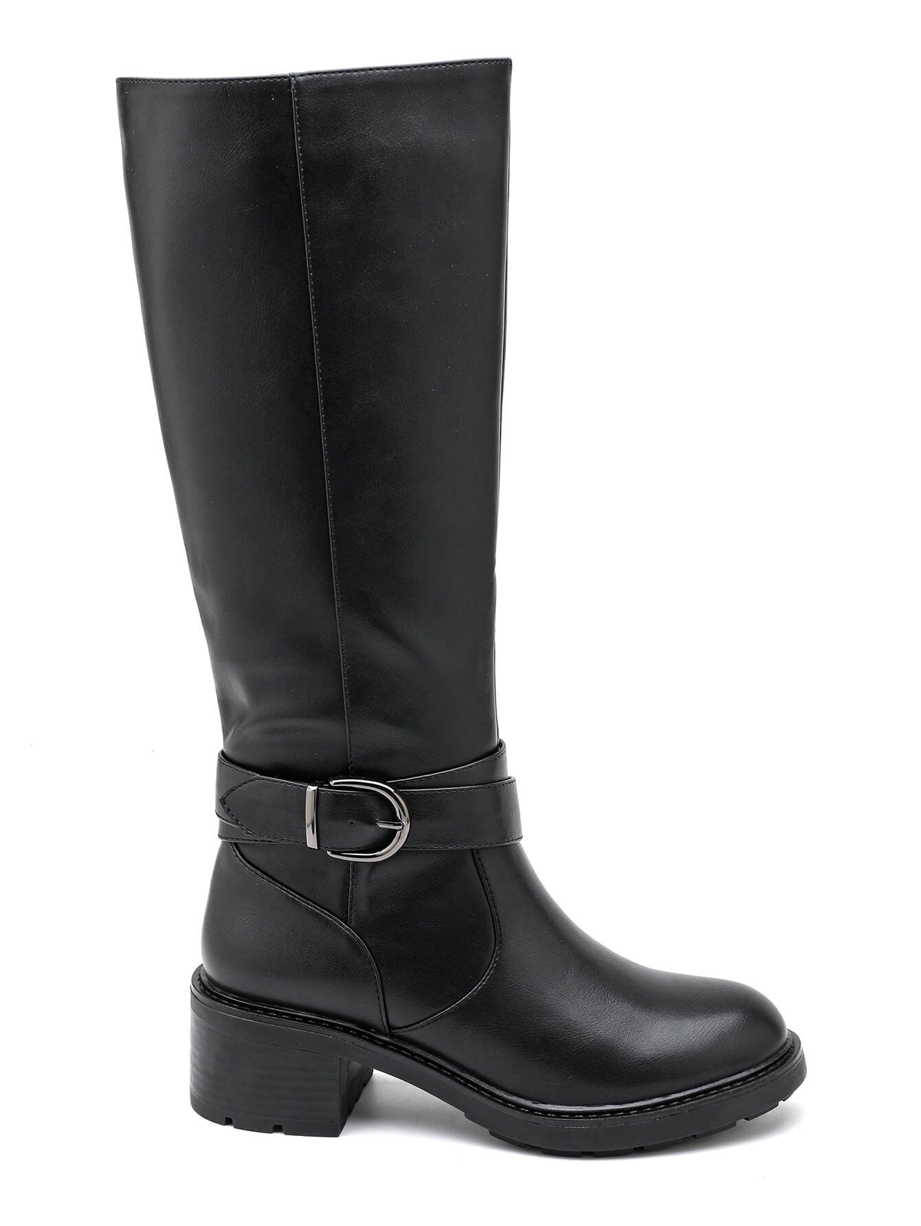 BOTTES NOIRES HAUTES À BOUCLE ET TALON CARRÉ - Casualmode.fr
