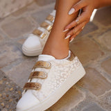 Basket femme blanche et dorée léopard scratch - Elina - Casualmode.fr