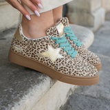 BASKETS LÉOPARD FEMME AVEC ÉTOILE ARGENT ET LACETS TURQUOISE