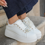 BASKETS FEMME BLANCHES PLATFORM À SEMELLE ÉPAISSE AVEC DÉTAILS DORÉS