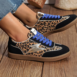 BASKET FEMME LÉOPARD NOIRE ÉTOILE ARGENTÉE À LACETS BLEUS