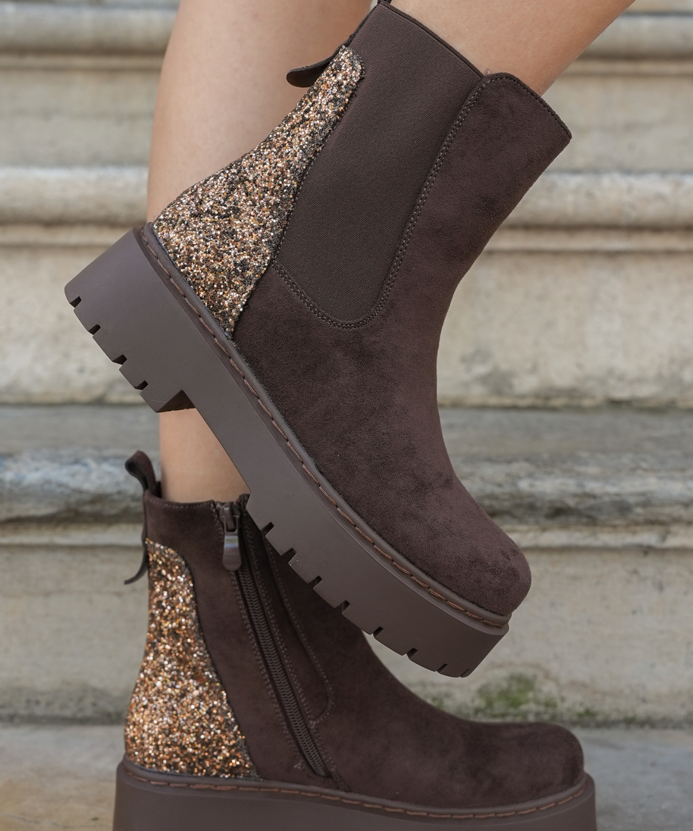 BOTTINES MARRON CHELSEA – ARRIÈRE PAILLETTES - Casualmode.fr