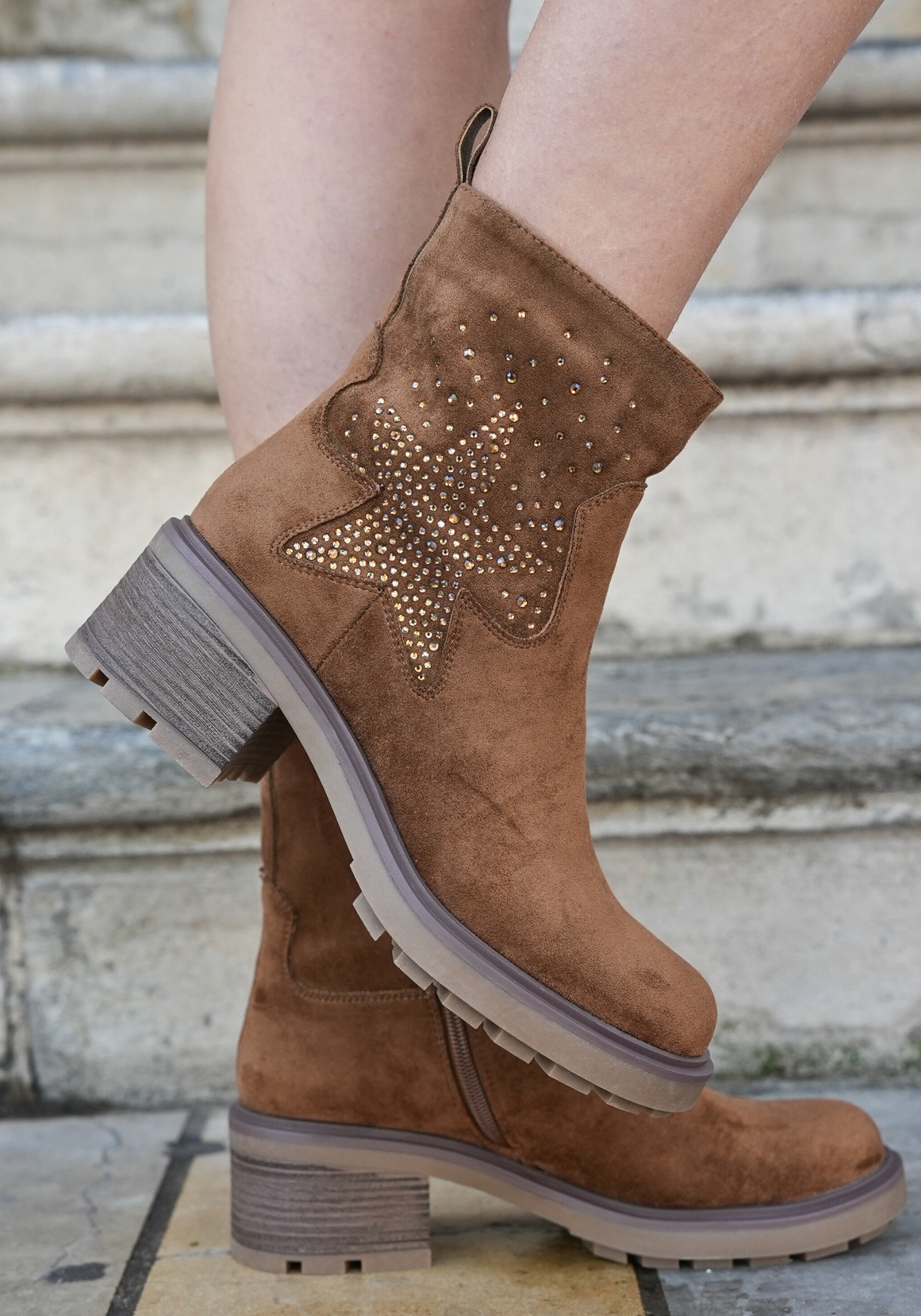 BOTTINES CAMEL ÉTOILE STRASS – TALON 5 CM - Casualmode.fr