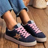 BASKET FEMME BLEU MARINE ÉTOILE LÉOPARD À LACETS ROSES