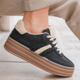 BASKETS PLATEFORME NOIRES ET BEIGE AVEC DÉTAILS FOURRURE