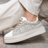BASKETS CHIC EN TWEED DORÉ ET BLANC