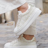 BASKETS PLATEFORME BEIGE EN TWEED AVEC DÉTAILS DORÉS