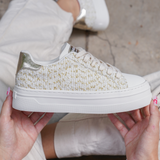 BASKETS PLATEFORME BEIGE EN TWEED AVEC DÉTAILS DORÉS