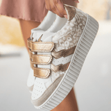 Basket femme dorée léopard et blanche à scratch - CL60 GOLD - Casualmode.fr