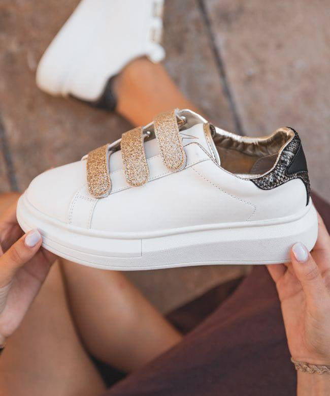 Basket sneakers femme blanche à scratch - CL24 GOLD - Casualmode.fr