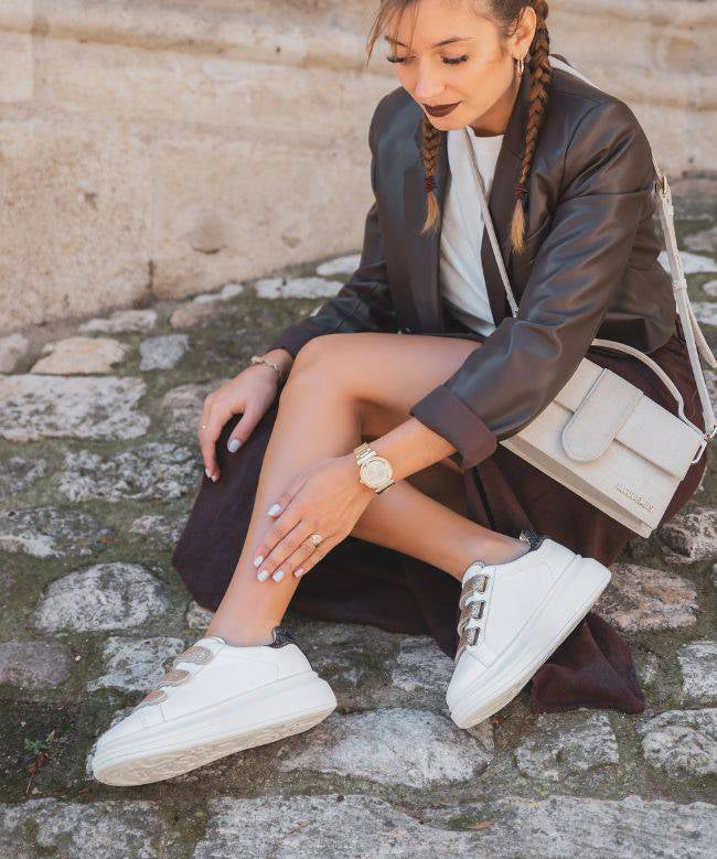 Basket sneakers femme blanche à scratch - CL24 GOLD - Casualmode.fr