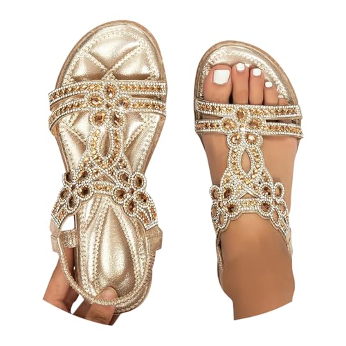 Luadnysin Sandales Nu Pieds T-Strap, Doré, vue de profil