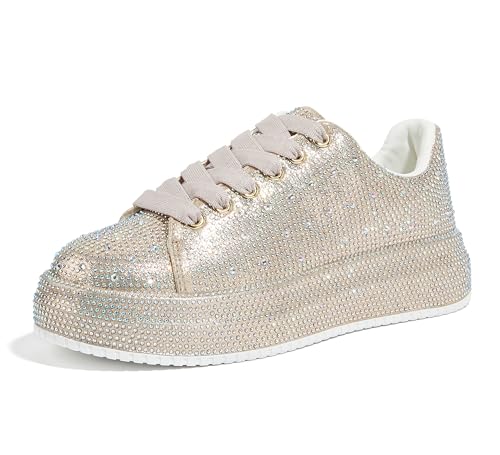 LUCKY STEP Baskets Plateforme Strass, Doré, vue de profil