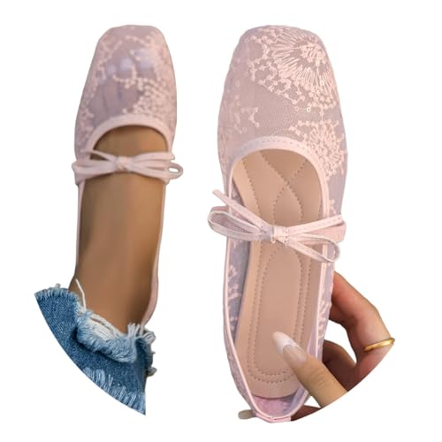 Minetom Ballerines Confort Mariage Dentelle, Rose, vue de profil