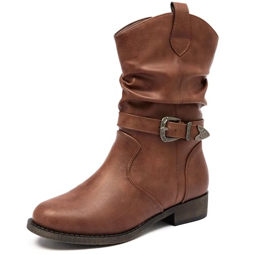 Veittes Bottines Mi-Mollet Talon Bas, Marron, coloris marron, vue principale